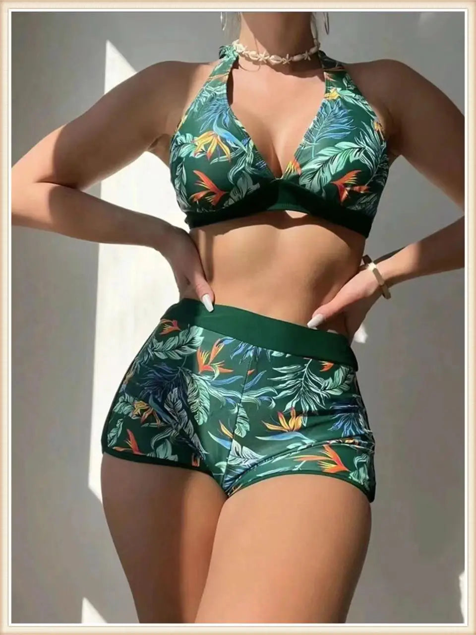 Halter Bikini Women High Waist Swimwear Female Swimsuit Leaf Printed Beachwear Bathing Swimming Suit Summer Beachwear