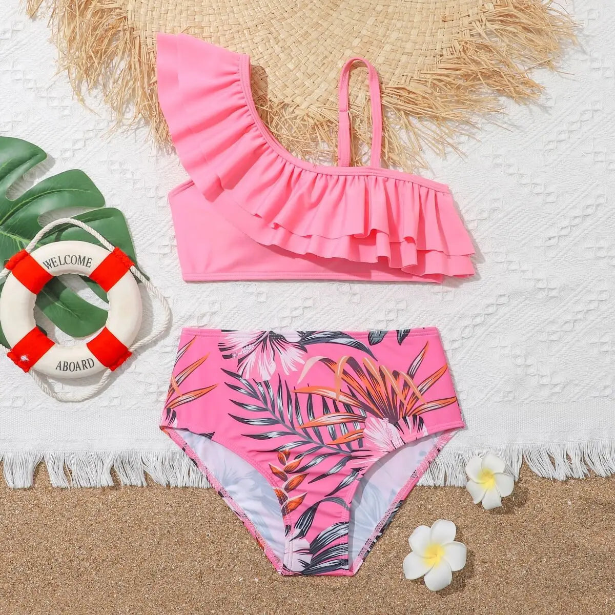 Girls Kids Swimwear Summer Beach Children Swimsuit 7-12 Years Floral Print High Waist Biquini Teens Bathing Suit Girl Bikini Set