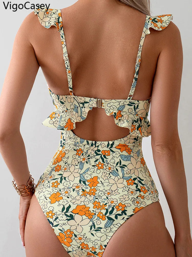 Ruffle Swimwear Women Hollow Push Up One Piece Swimsuit Beach Lady Monokini Print Strapped Bathing Suit