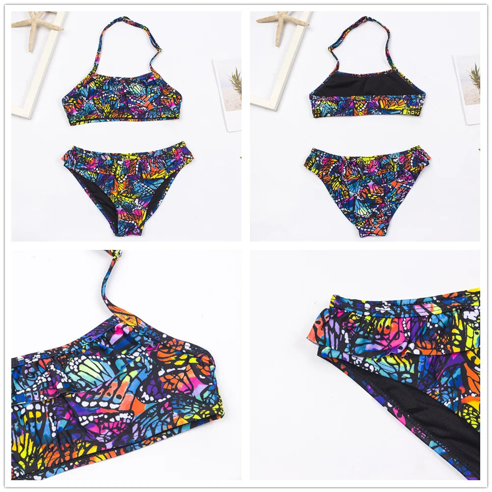 7-14Year Rainbow Print Child Bikini Set 2024 Girls Swimsuit Swimwear For Kids Summer Brazilian Teen Baby Swimming Suit Set 2