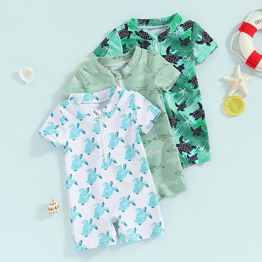 0-4Y Toddler Kids Boys Summer Swimsuit Rompers Short Sleeve Turtle/Shark Print Zipper Bathing Suit Swimwear