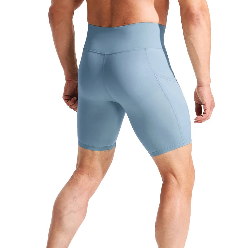 Running Shorts Pants Pockets Men's High Waist Elastic Running Tights Cycling Fitness Yoga Quick Drying External Wear Marathon