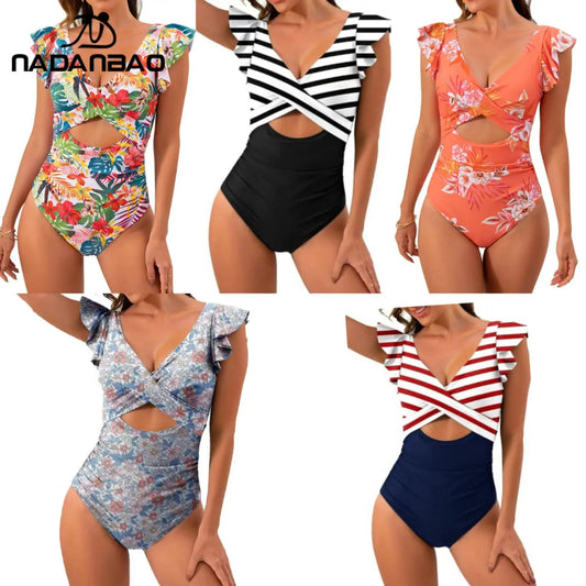 Nadanbao Fashion Elegance One-Piece Swimsuit Women Plicated Bikini Female Hollow Out Backless Flounce Beach Party Swimming Suit