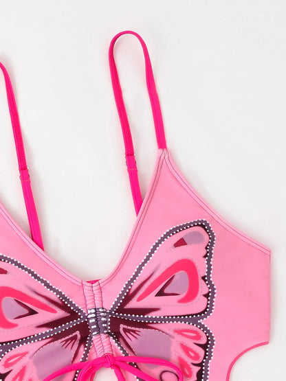 Butterfly Print Strapped Swimwear Women Tied High Cut Bikini Set Push Up Swimsuit Backless Summer Beach Bathing Suit Bathers