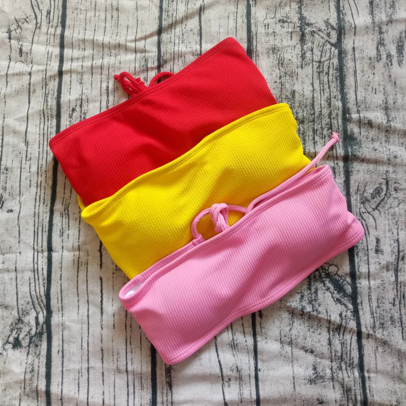 Bikini Women Swimwear High Waist Strapless Bikini Pure Color Women Swimsuit Padded Bathing Suit