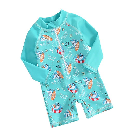 Baby Boys Rash Guard Swimsuit Rompers Zipper Long Sleeve Shark Print Toddler Bathing Suit Swimwear
