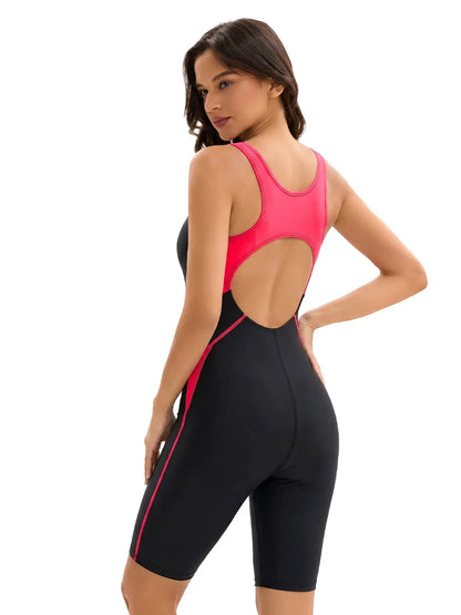 Color Block One Piece Swimsuit Women Sleeveless Boyleg long Rash Guard Backless Surfing Bathing Suit