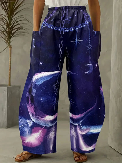 Simple Star And Moon Abstract Sun Print Pants Fashionable European And American Ladies Wide-leg Pants Delicate And Elegant Pants