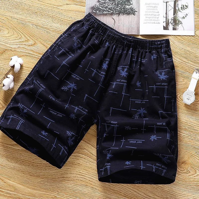 Cotton Shorts Men Breathable Thin Feather Print Pocket Elastic Waist Korean Loose Casual Sports Beach Short Pants 5XL
