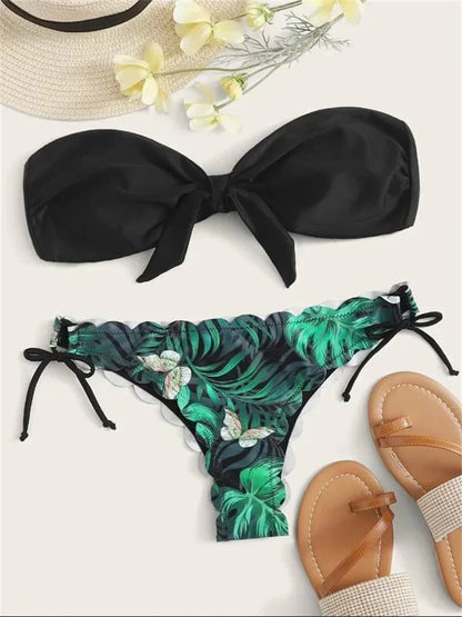 Beach Bikini Woman Front Lace Up Tie Bandeau Leopard Swimsuit Female Push Up Ruffled Bow Bathing Suit Thong Swimwear