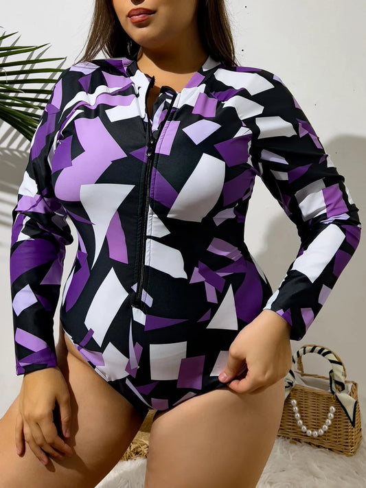 Large Plus Size Long Sleeve Surfing Suit One Piece Swimsuit Women Swimwear Female Bathers Bathing Swimming Suit Beachwear