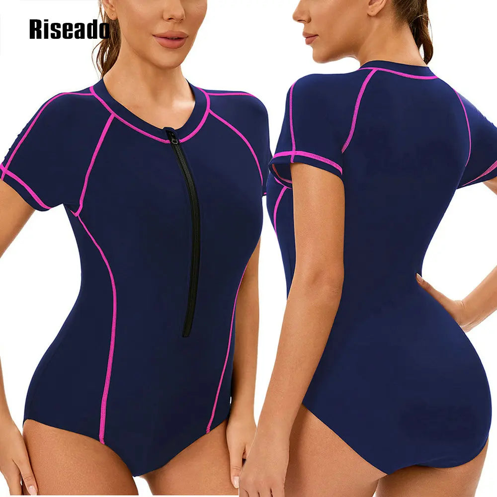 One Piece Swimsuit Mock Neck Zipper Short Sleeve Bathing Suit for Athletic beach clothes for lady