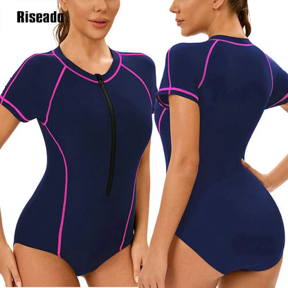 One Piece Swimsuit Mock Neck Zipper Short Sleeve Bathing Suit for Athletic beach clothes for lady