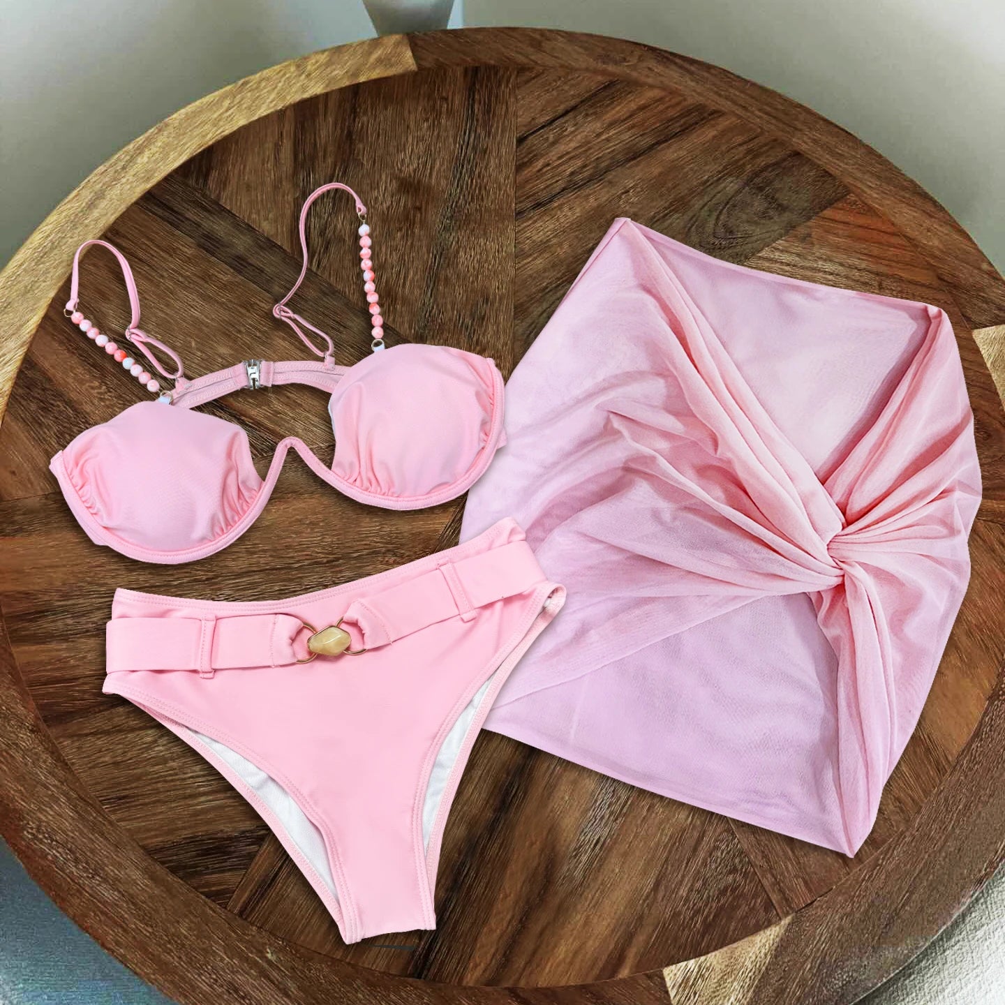 Beads Bikini Women Swimsuit Female Swimwear Micro Bikini Set Bandeau Swimming Suit Beachwear Pink Brazilian Biquini