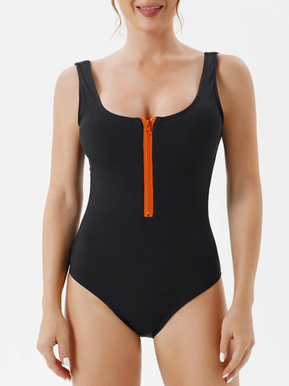 Solid Zipper Swimsuit Women One Piece Solid Swimwear Female Backless Beachwear Bathers Bathing Swimming Swim Suit