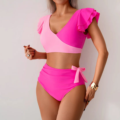 2Pcs/Set Women Bikini Set Lady Girls V-neck Ruffle Sleeve Bra Beachwear Female Swimwear High Waist Bathing Suits
