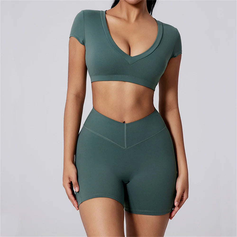 Pad 2PCS Short Sleeve Women Gym Yoga Set Clothes Sportswear Running Shorts Workout Sports Crop Top Running Suits