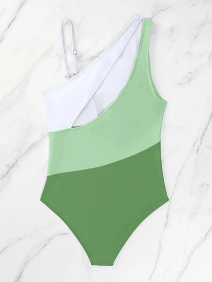 Colorblock Cut Out One Shoulder Swimsuit One Piece Swimwear Women Bather Bathing Swimming Swim Suit Female Beachwear
