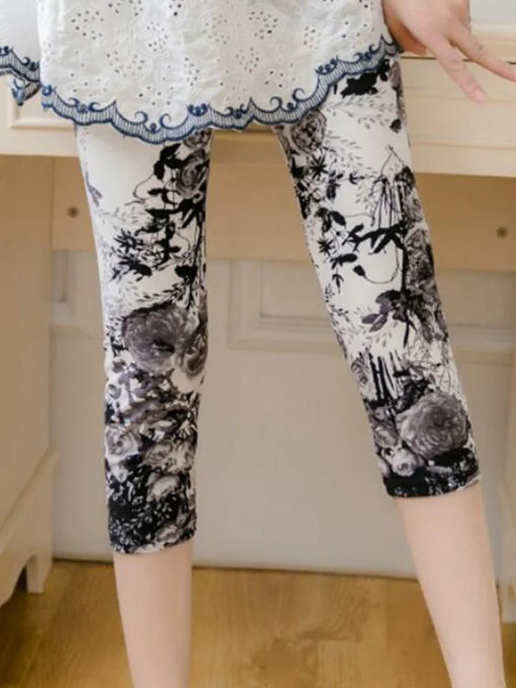 Workout Leggings Print Capris Women Push Up High Waist Pants Sportswear Short Trousers Black Fitness Legging