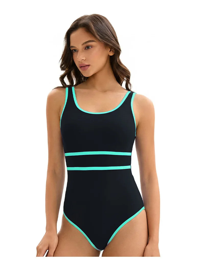Color Block One Piece Swimsuit Women Sport Triangle Sleeveless Beach Swimwear Bathers