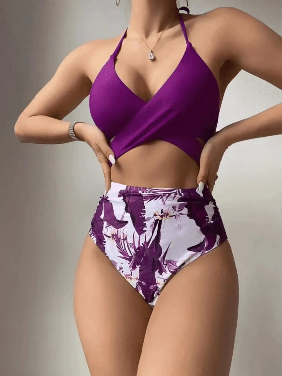 Halter Printed Swimwear Women One Piece Cross Front Swimsuit Female Bathers Bathing Swimming Suit High Cut Beachwear Summer