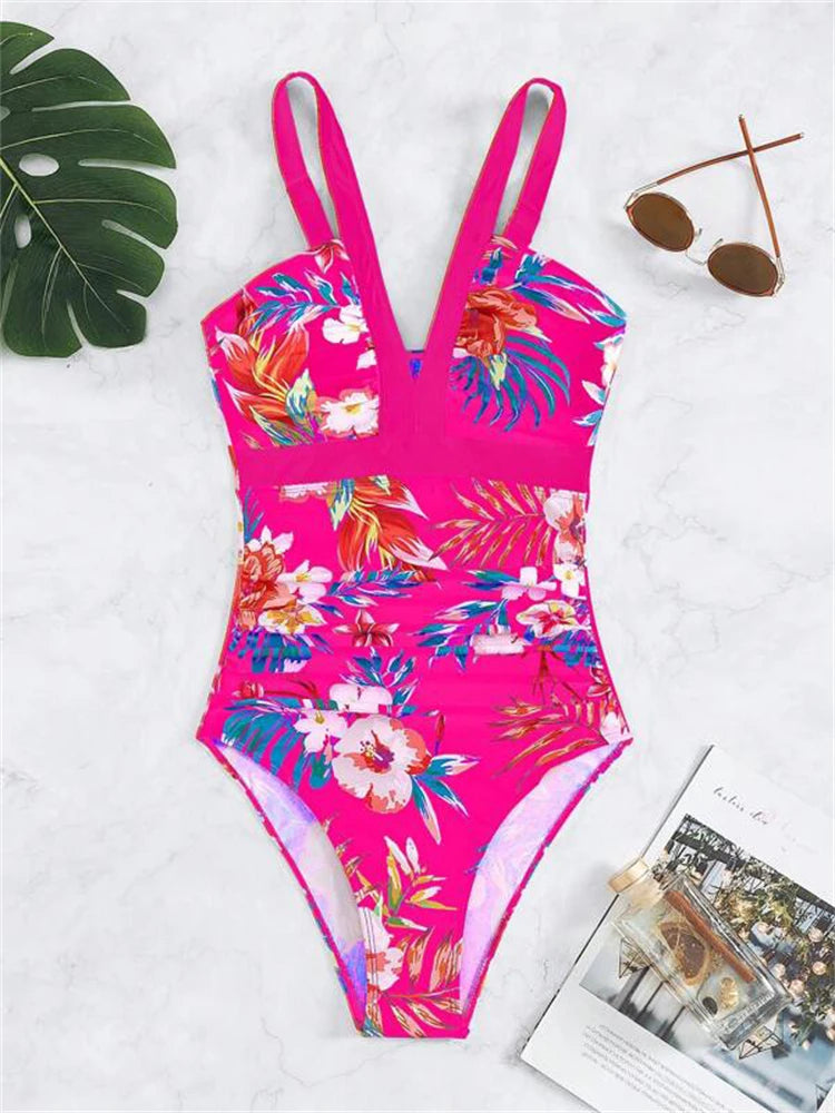 One Piece Swimsuit Women Print Sling V Neck Bodysuit Swimwear Monokini Summer Beach Bathing Suit Female Swimming