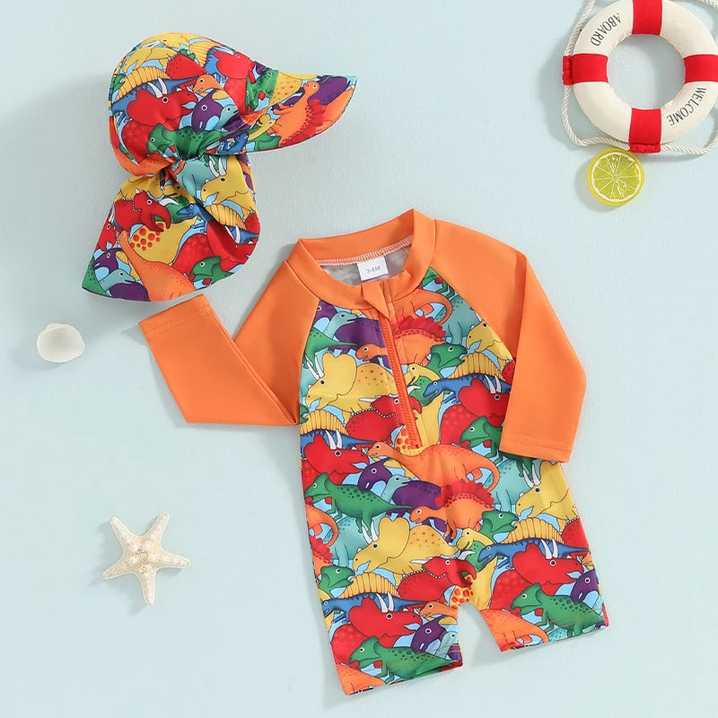 Baby Boy Swimming Suit Baby Swimsuit 3 6 12 18 24M 2T 3T Infant Toddler Boys Swimwear Zipper Long Sleeve Rash Guard with Hat