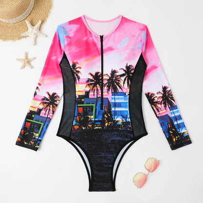 One-Piece Mesh Patchwork Rash Guard Swimsuit for Women, Long Sleeved, Printed Surfing Suit, Beach Swimwear, Summer Bathing Suit