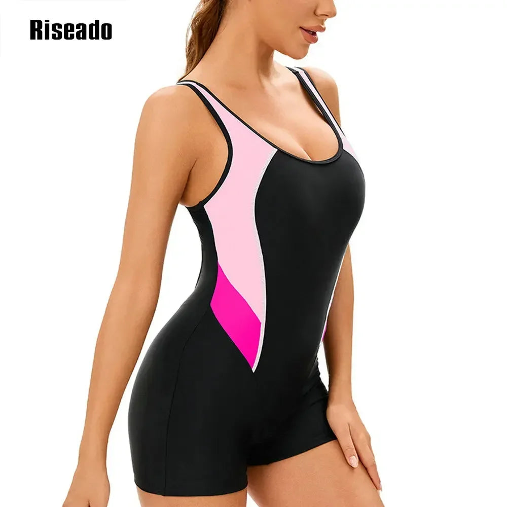 Women's Sport Beachwear One Piece Slimming Bathing Suit Splice Leg suit Korean Swimsuit for Pool Swimming