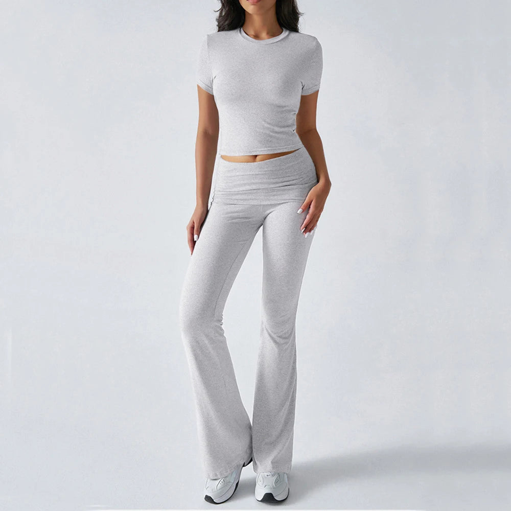 Foldable 2PCS Yoga Set Women Short Sleeve Crop Top Slim Fit High Waist Flare Leggings Fitness Suit Workout Gym Running Tracksuit