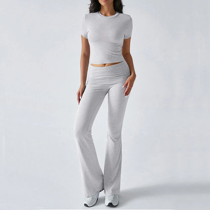 Foldable 2PCS Yoga Set Women Short Sleeve Crop Top Slim Fit High Waist Flare Leggings Fitness Suit Workout Gym Running Tracksuit