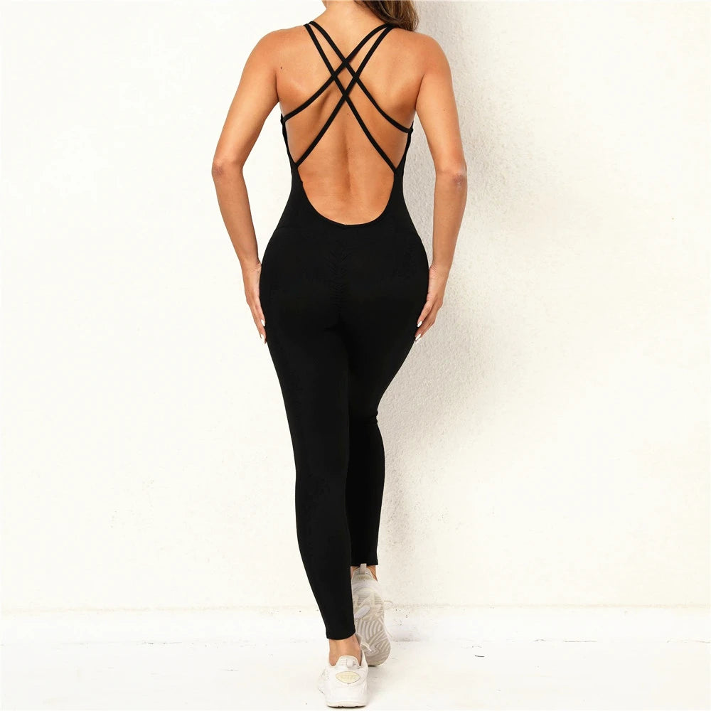 Pad Cross Back Women Lycra Fitness Gym One Piece Jumpsuit Leggings Workout Pant Female Shorts Active Wear Sport Outfit Suit
