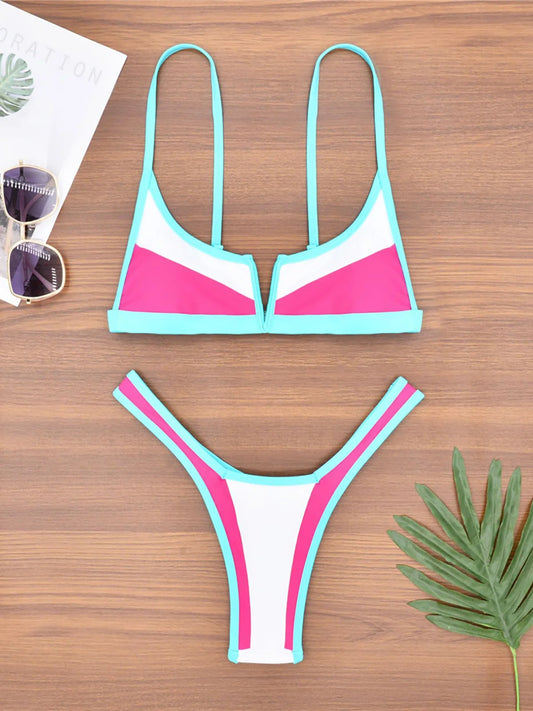 S - XL Splicing V Shaped High Leg Cut Bikini Female Swimsuit Women Swimwear Two-pieces Bikini set Bather Bathing Suit Swim