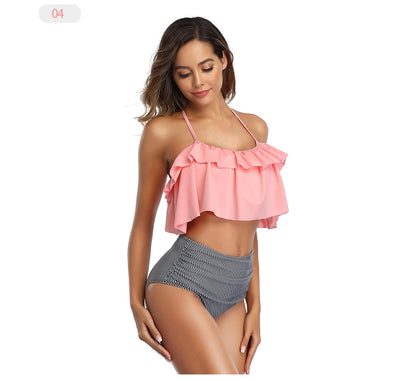 Swimwear Women Halter Ruffle Bikinis High-Waist Split Two-Piece Off Shoulder Swimsuit Pool Beachwear Bathing Suit Plus Size XXL