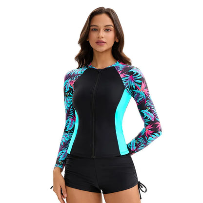 Women Two Piece Rash Guard Long Sleeve Swimsuits Swim Shirt Bathing Suit with Boyshort Bottom Leaf Printed  Sport Swimwear