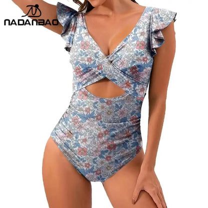 Nadanbao Fashion Elegance One-Piece Swimsuit Women Plicated Bikini Female Hollow Out Backless Flounce Beach Party Swimming Suit