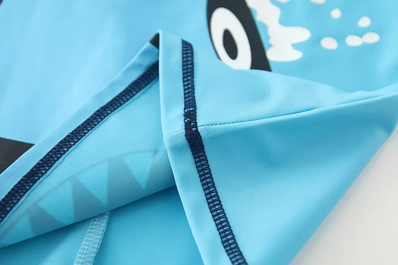Children's Cartoon Shark Short Sleeve Split Swimwear with Swim Cap, Sun Protection Beach Wear, Baby Boys Swimsuit
