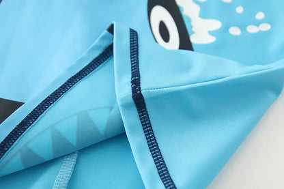 Children's Cartoon Shark Short Sleeve Split Swimwear with Swim Cap, Sun Protection Beach Wear, Baby Boys Swimsuit