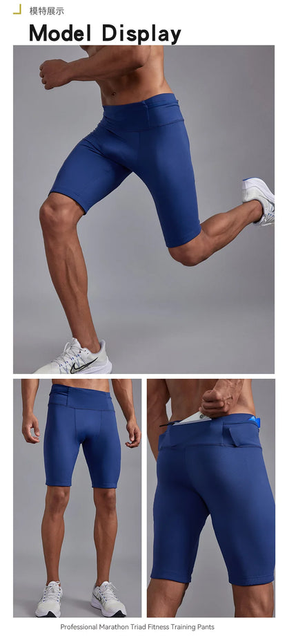 Men's Marathon Running Training Compression Shorts Quick Dry Sports Jogging Tights Fitness Waist Belt Bag Shorts Sportwear Male