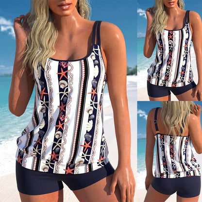 Fashion Women's Tankini Quad Shorts Two Piece Swimsuit Holiday Seashell Print Beach Set S-6XL