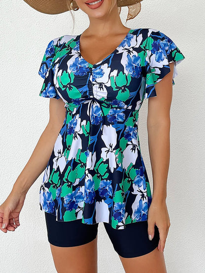 Printed Tankini Set Two Piece Swimsuit Women Tie Front Drawstring Swimwear Female Bathing Swimming Suit Beachwear Summer