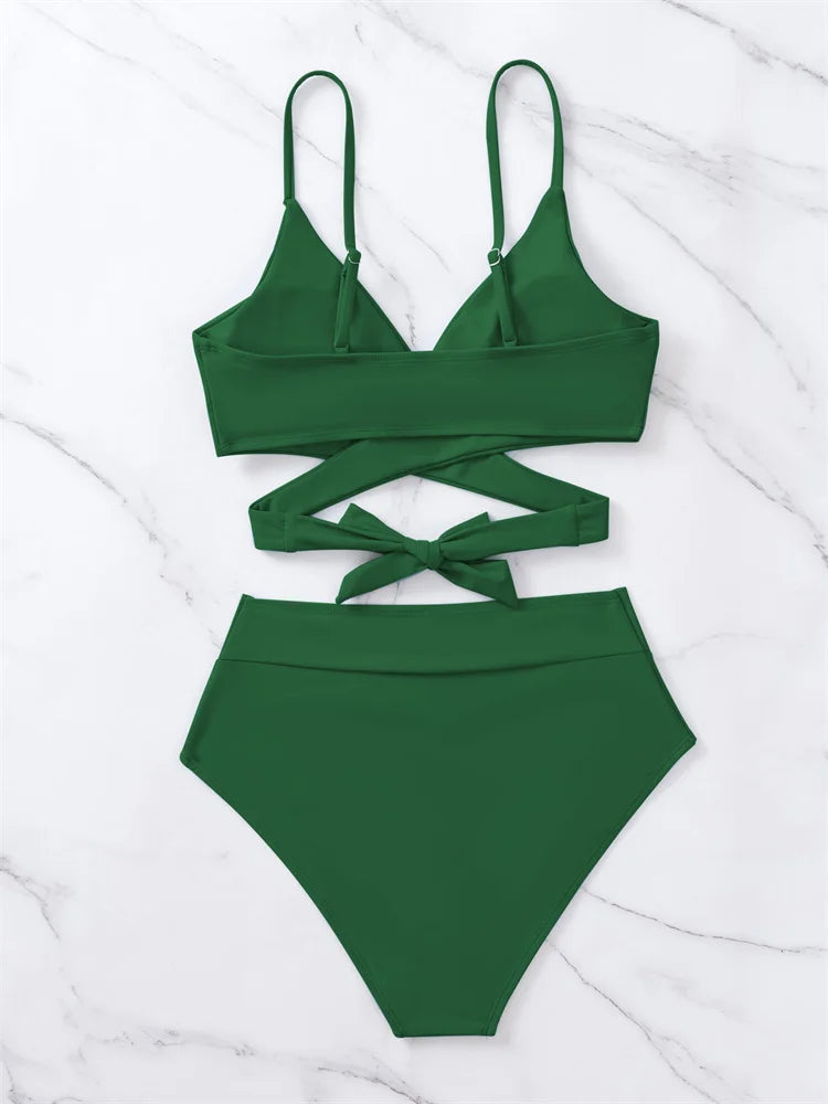 Solid Strapped Bikini Set Push UP Hollow Swimsuit Women Swimwear Biquinis High Waist Backless Bathing Suit