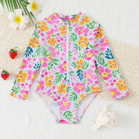 Print Girls One Piece Swimsuit 4-7 Year Kids Swim Suit Toddlers Children's Swimwear Long Sleeve Surfing Bathing Suits Beach