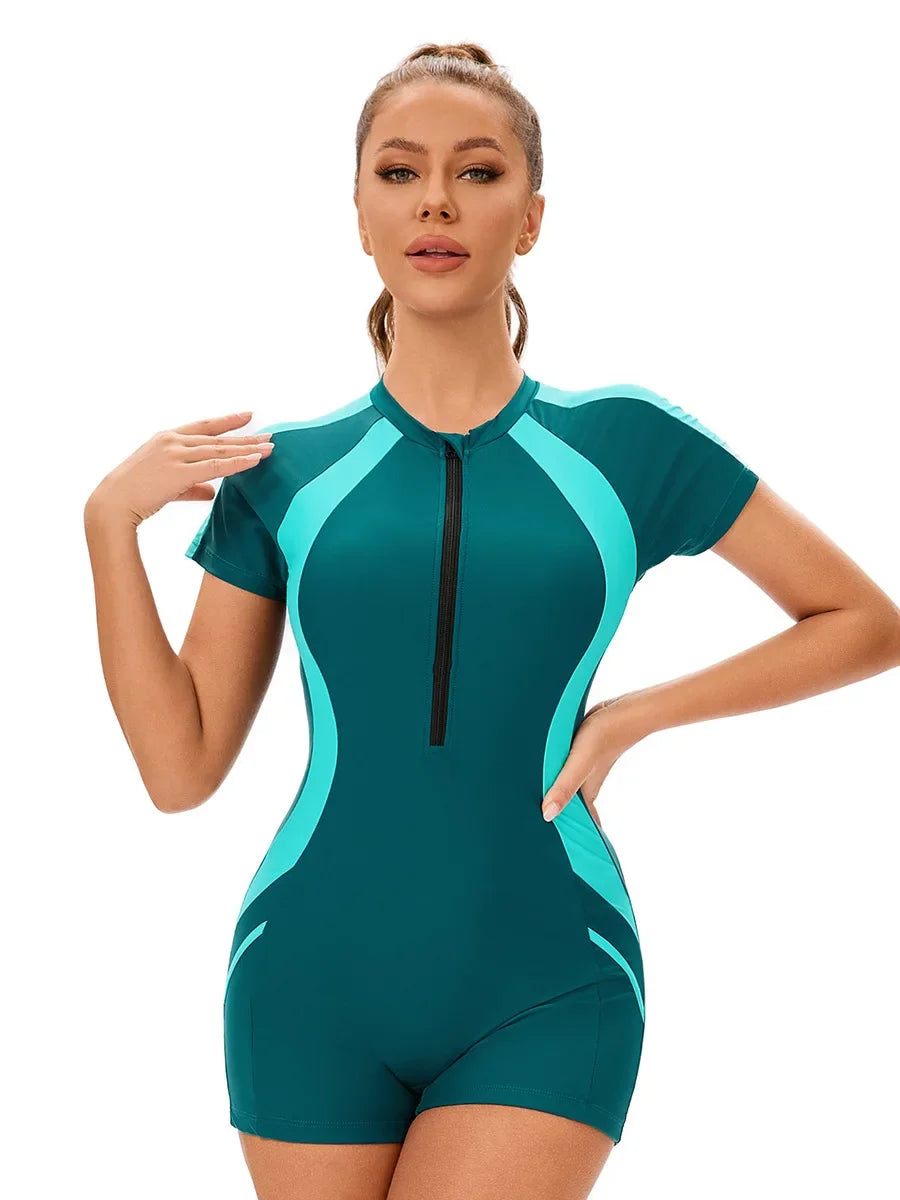 Surfing Suit Women's Sport Swimsuit Short Sleeve Sunscreen Conservative One Piece Swimwear Zipper Round Neck Slim Bodysuit