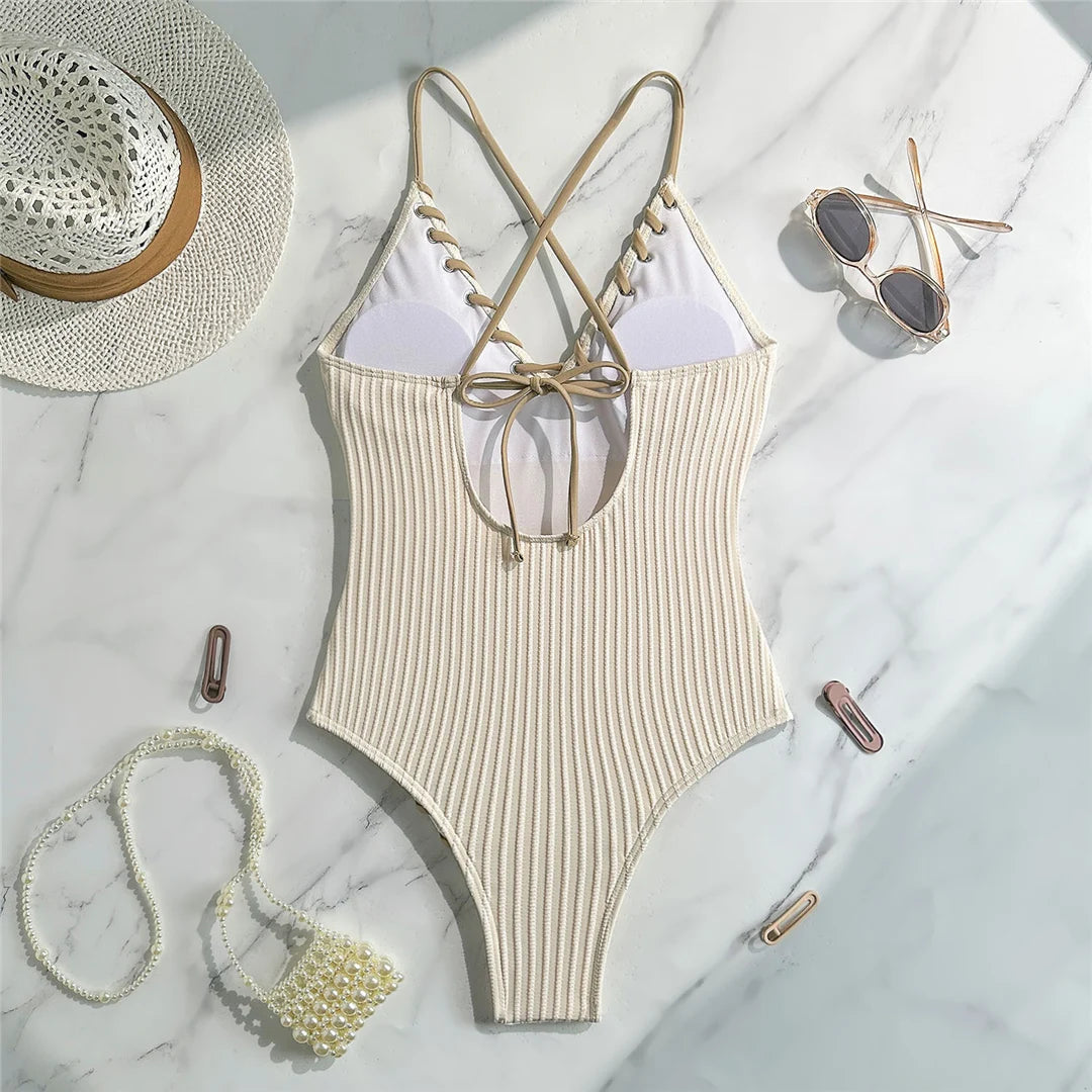 5 Colors V Neck Ribbed Cross Back One Piece Swimsuit Women Swimwear Female High Leg Cut Monokini  Bather Bathing Suit Swim