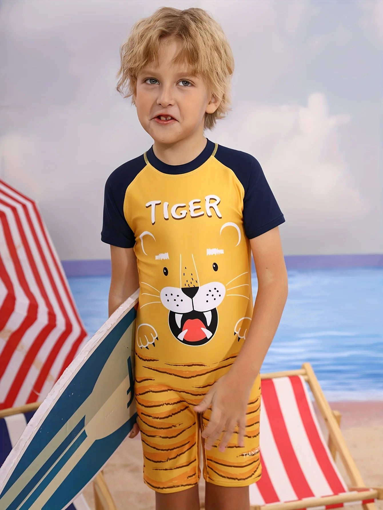 Tiger Children's One-piece Swimsuit, Children's Short-sleeve Zip-up Swimsuit, Cartoon Pattern Quick-drying Surfing Suit