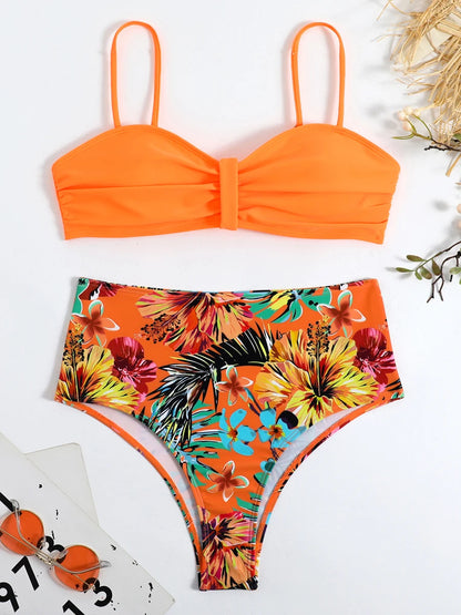 Solid Bandeau Bikini Set Women Tropical Printed Swimwear Female Push Up Swimsuit High Waist Bathing Suit Tie Back Beachwear