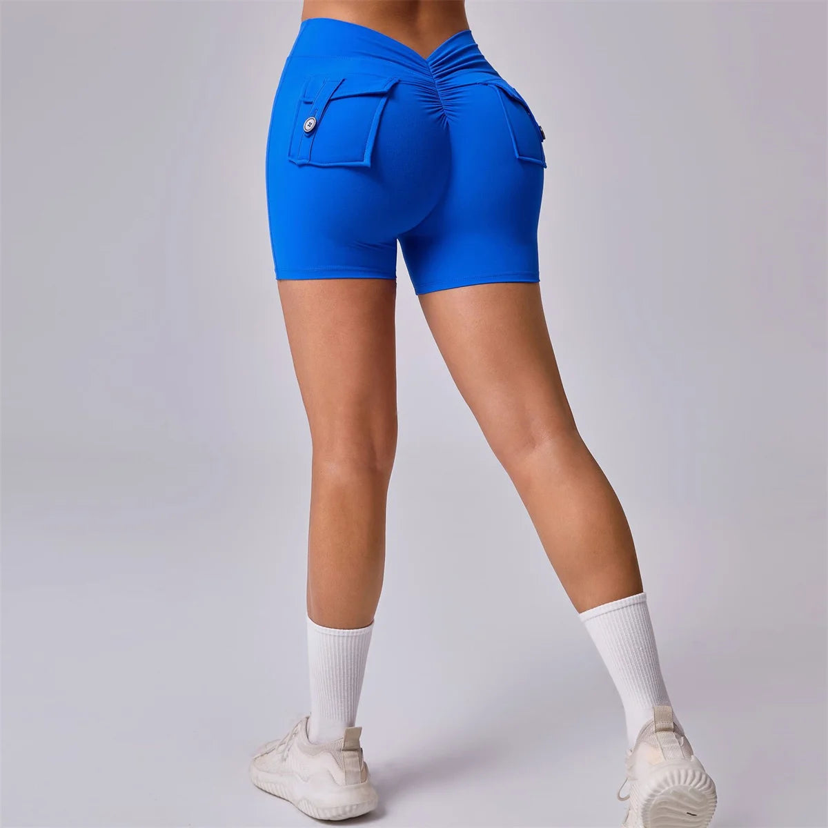 Deep V Back Yoga Shorts Women Pocket Scrunched Butt Gym Leggings High Waist Push Up Tights Booty Sports Shorts Fitness