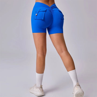 Deep V Back Yoga Shorts Women Pocket Scrunched Butt Gym Leggings High Waist Push Up Tights Booty Sports Shorts Fitness