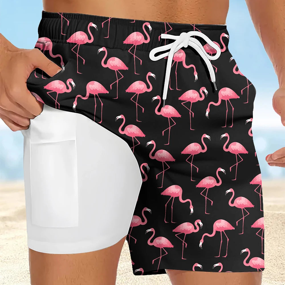 Men Summer Quick Dry Beach Board Shorts Breathable with Compression Liner & Phone Pocket Elastic Waist Multiple Colors Available